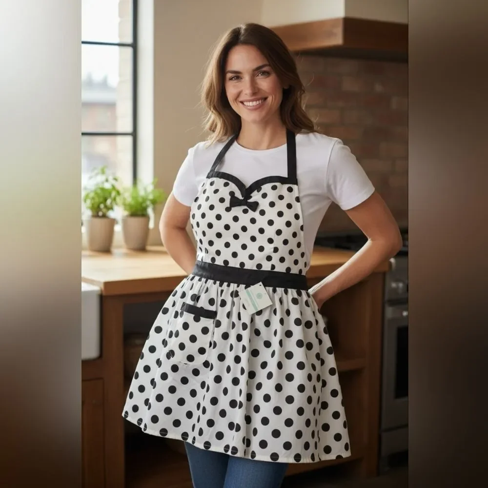 Martha Stewart Black and White Polka Dot Apron Sweetheart Neckline 100% Cotton
